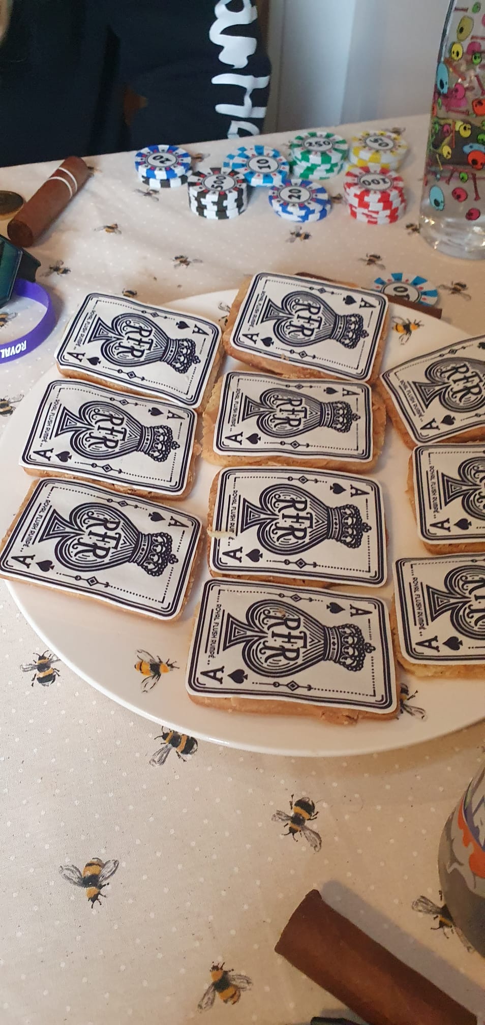 A full plate of homemade biscuits topped with printed RFR icing