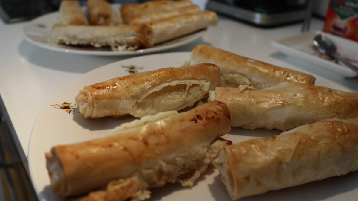 A tray of pastry cheese cigars