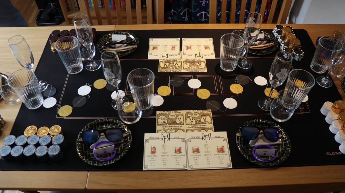 The RFR III table laid out with custom glassware, cards and decorations