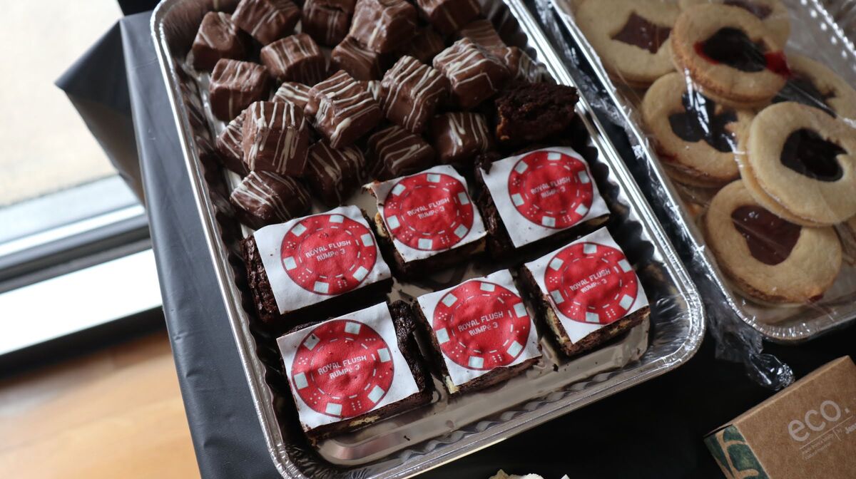 Brownies decorated with red Royal Flush Rumpé poker chips