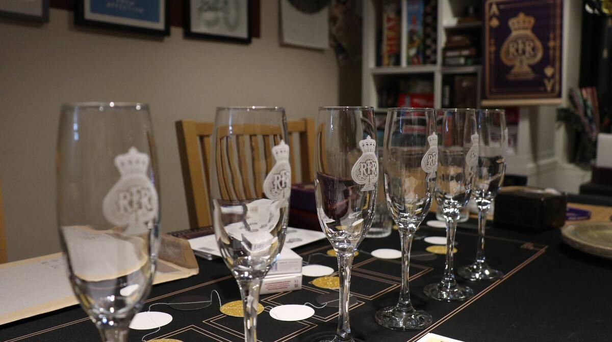 A row of engraved RFR glasses prepared for RFR III
