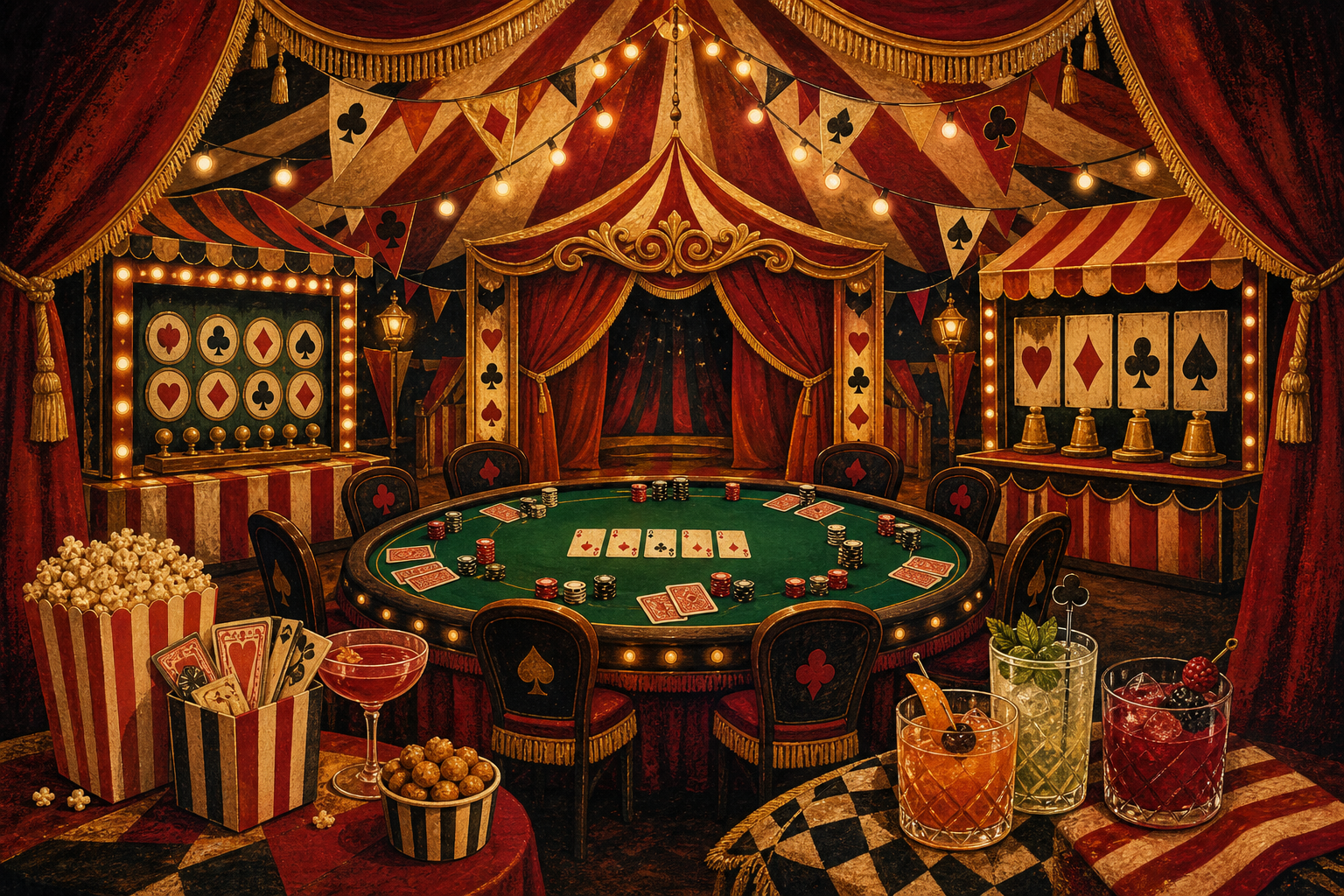Illustration of a poker table under a red and gold circus big top, surrounded by sideshow booths, snacks and cocktails